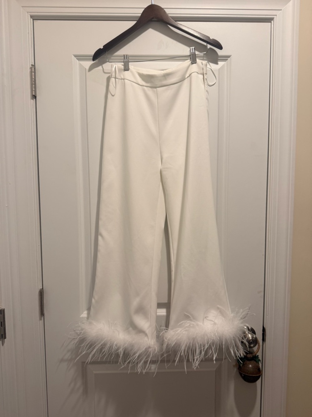 White Feather-Hem Flare Pants